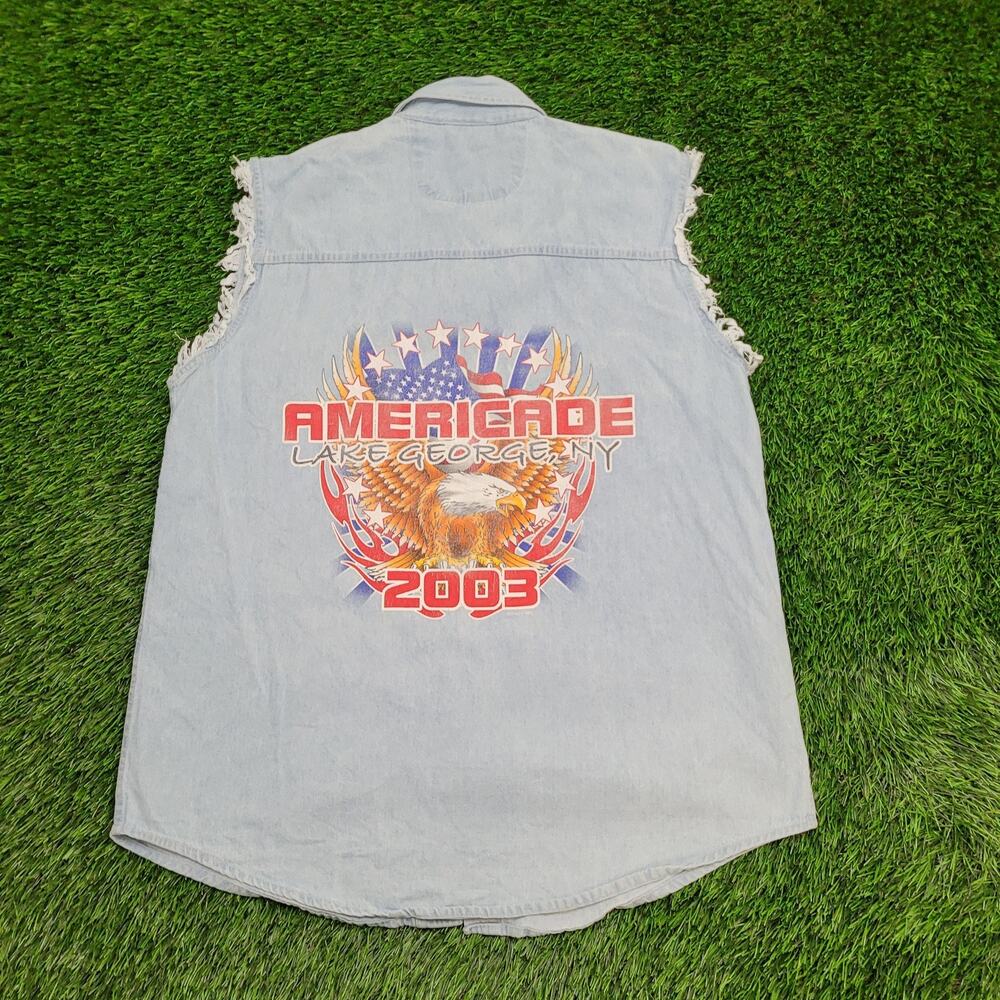 Vintage 2003 Americade Lake George NY Cutoff Denim Button Shirt Medium 22x30